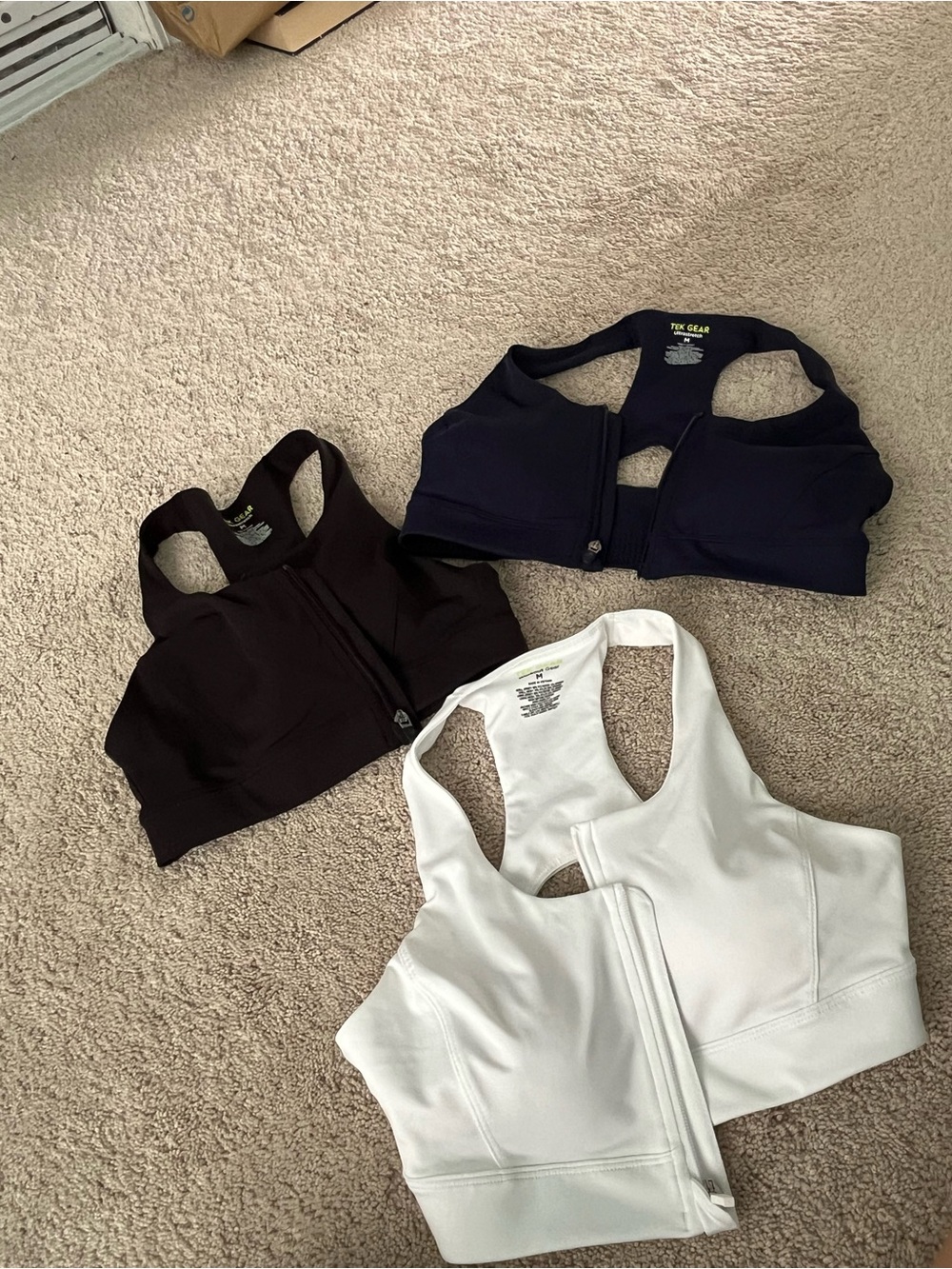 Front-Zip Sports Bras Trio - Black, Navy, White